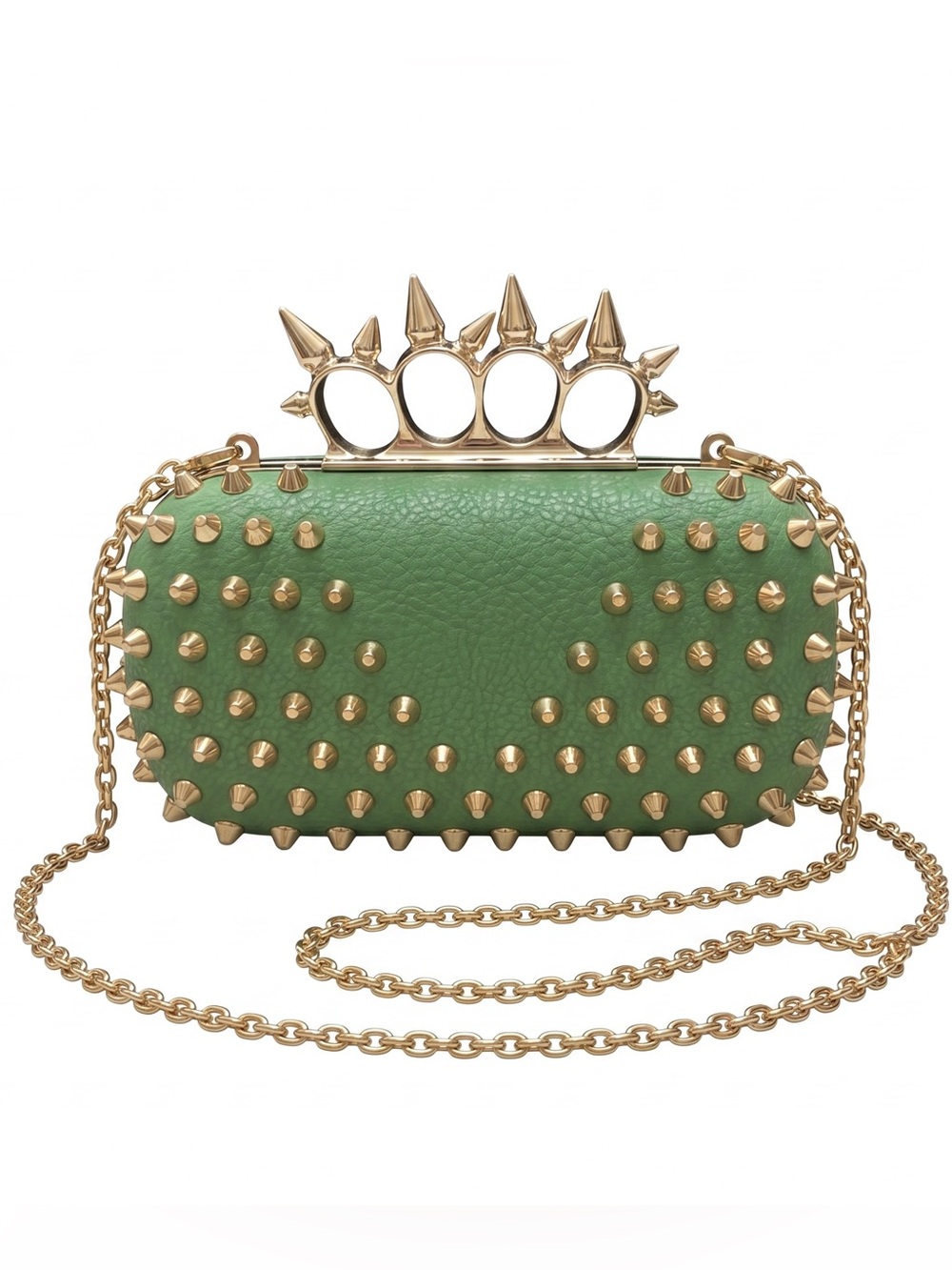 Private Label Green Spike Knuckle-Handle Clutch with Gold Hardware
